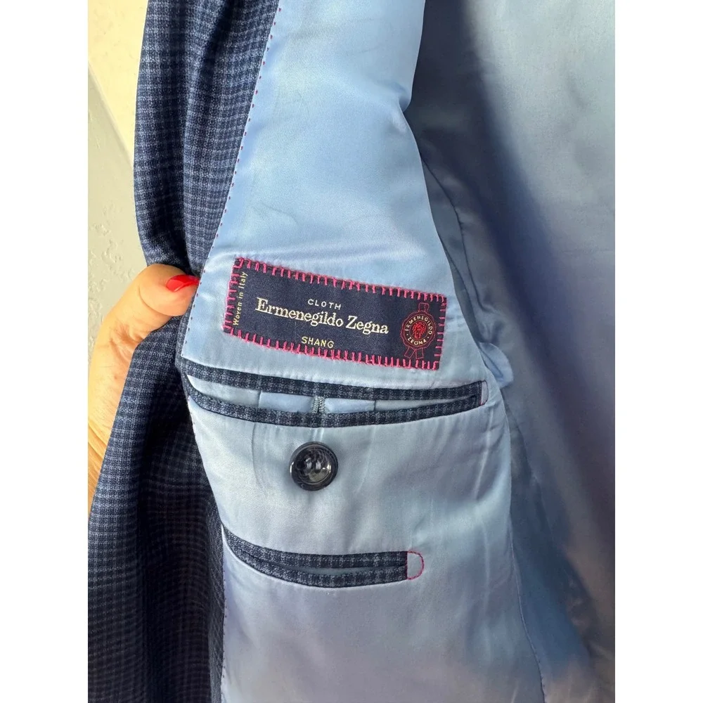 Custom Ermenegildo Zegna Wool Silk Sport Coat Blue Check Suit Jacket 42 Short
